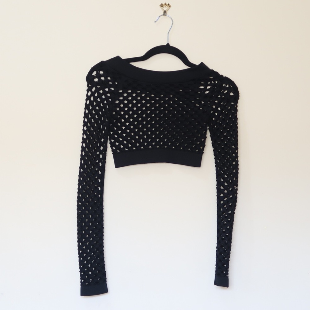 Fish Net Black Long Sleeve Crop Top